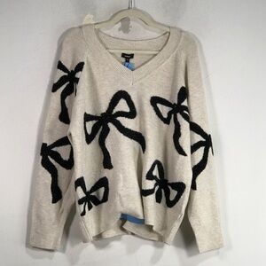 Express Embellished Bow V-Neck Sweater, Women's Size L - Cream/Black